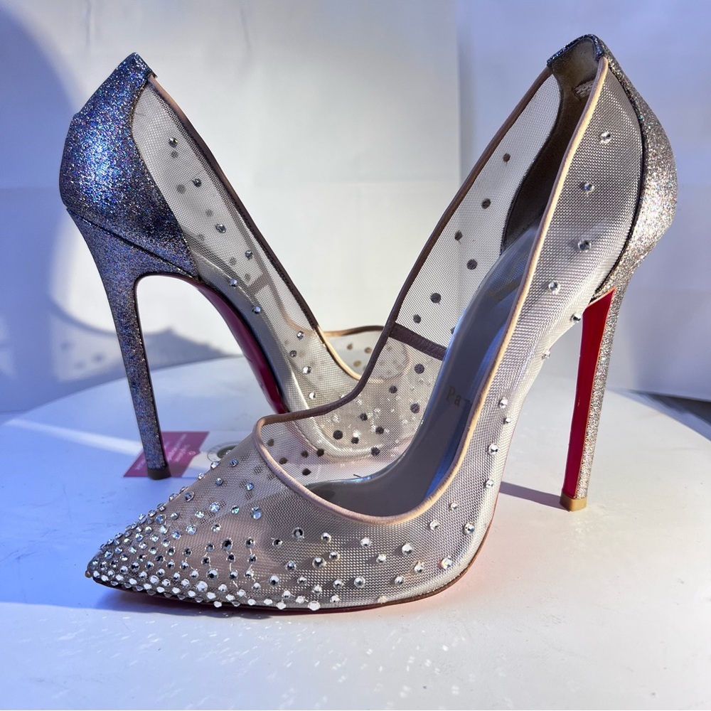 Christian Louboutin Follies Strass 100 Crystal Mesh Pumps Nude/Silver Glitter